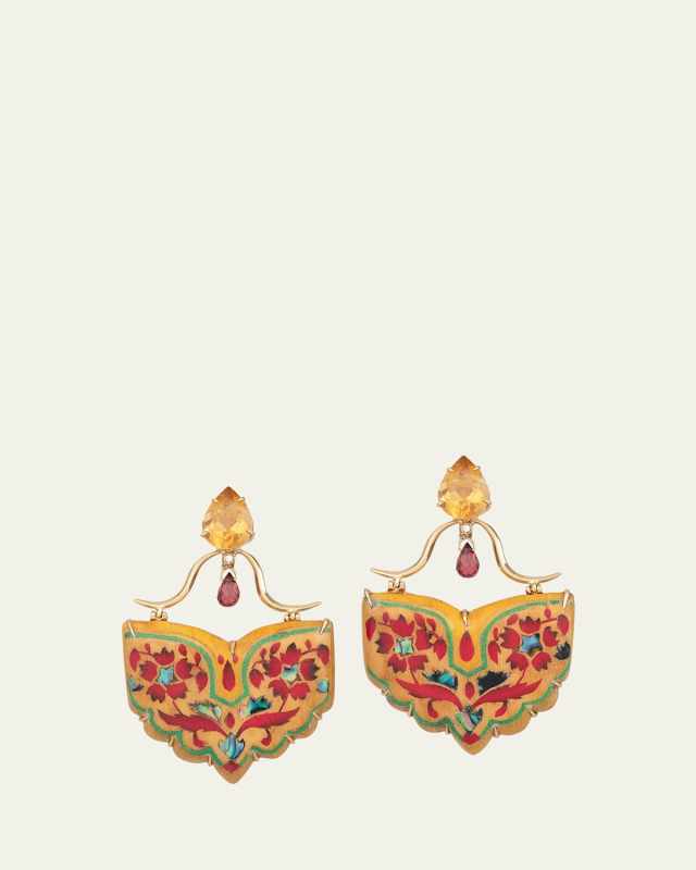 Flower Marquetry Wing Earrings with Diamonds, Garnet and Citrine